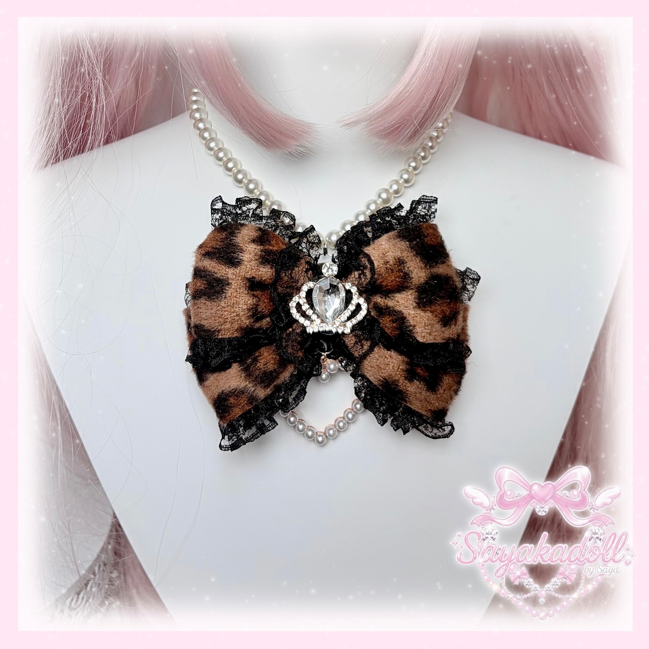 ♡【全3色】姫GAL ヒョウ柄 クリスタルビジュー＆パール フリルリボンパールネックレス gray ♡