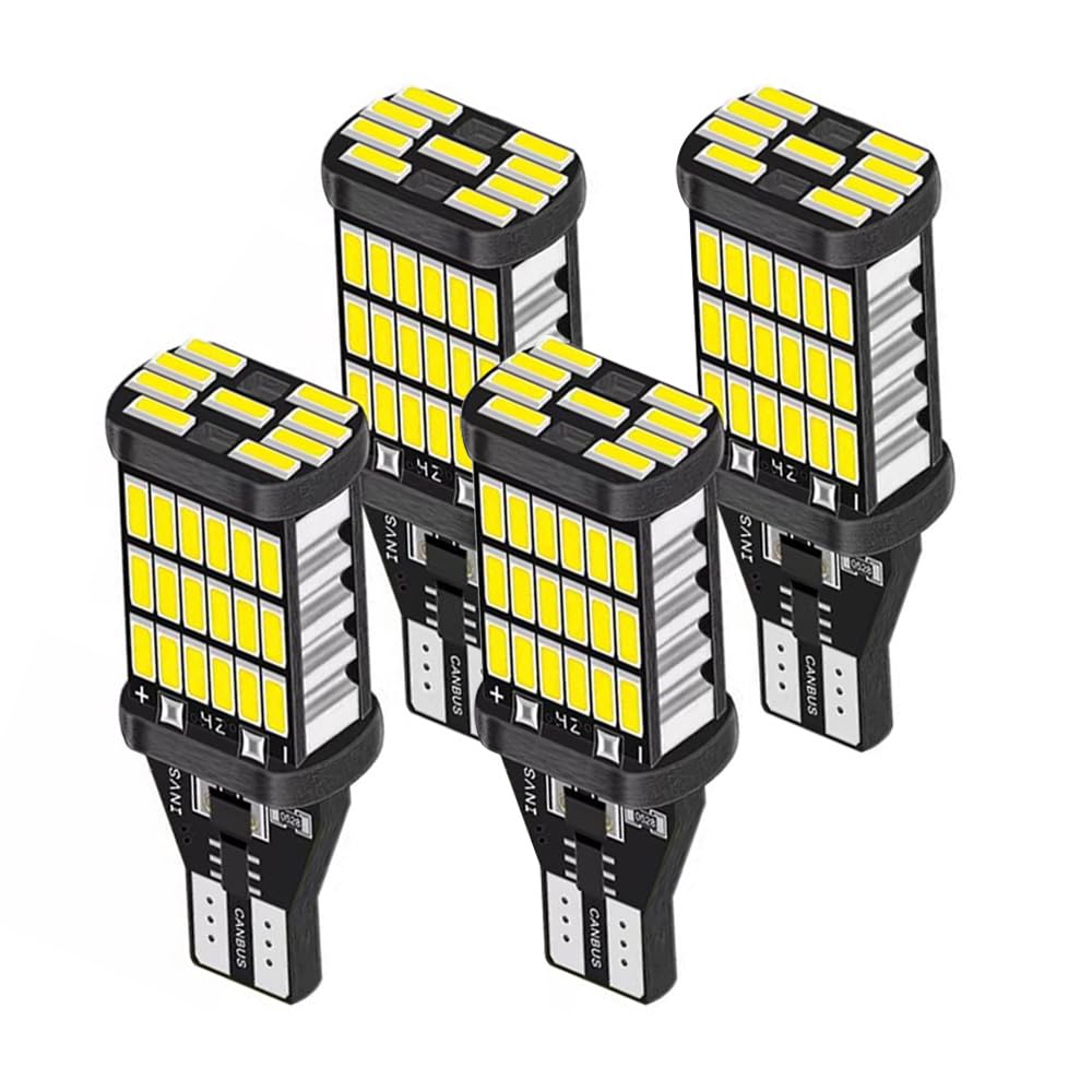 【在庫のみ】T16 LED バックランプ ホワイト 爆光 6000K キャンセラー内蔵 CANBUS T16 W16W T10 T15 バックランプ 高輝度 ホワイト4014LED 45連 1200ルーメン DC12V用 無極性 後退灯 50000時間以上寿命 (白4個セット)