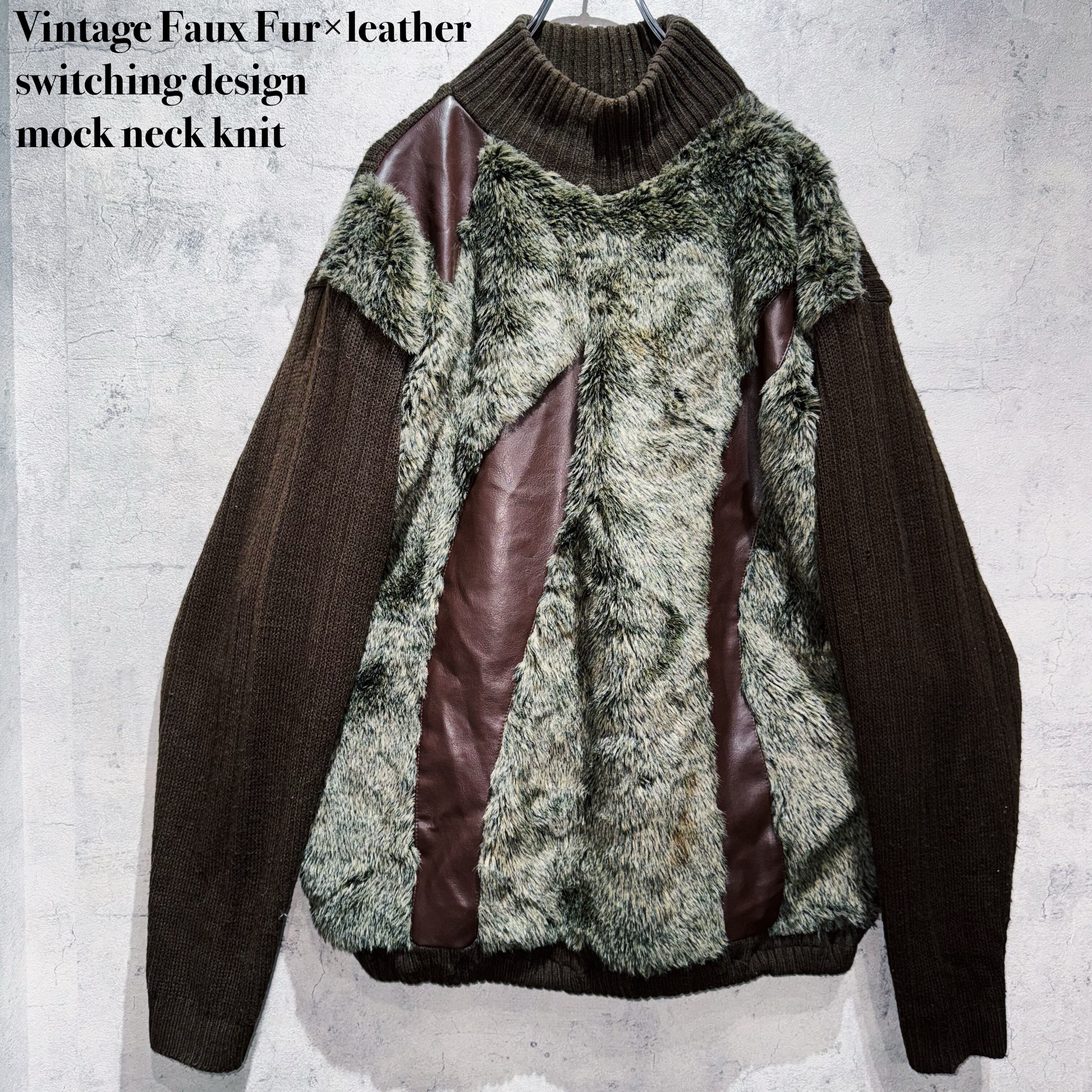 Vintage Faux Fur×leather switching design mock neck knit