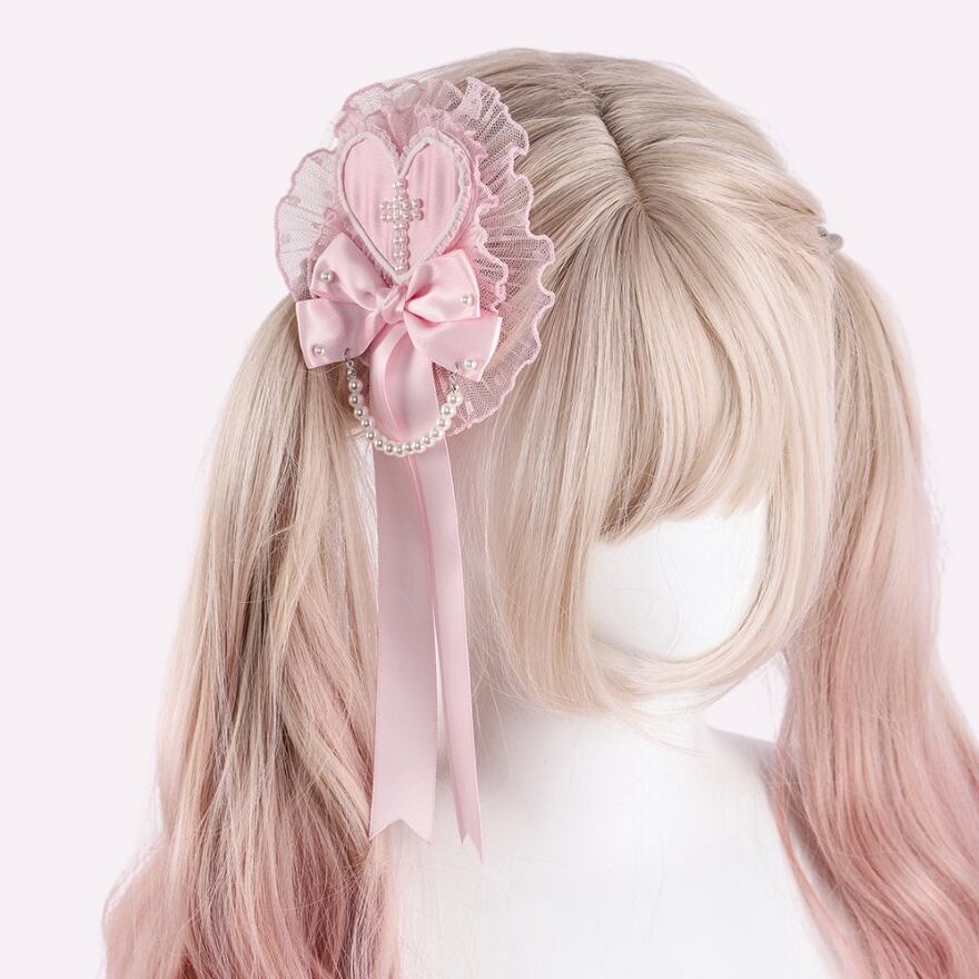 量産型｜揺れるパールリボンのフリルカチューシャ 桜ピンクの甘さを