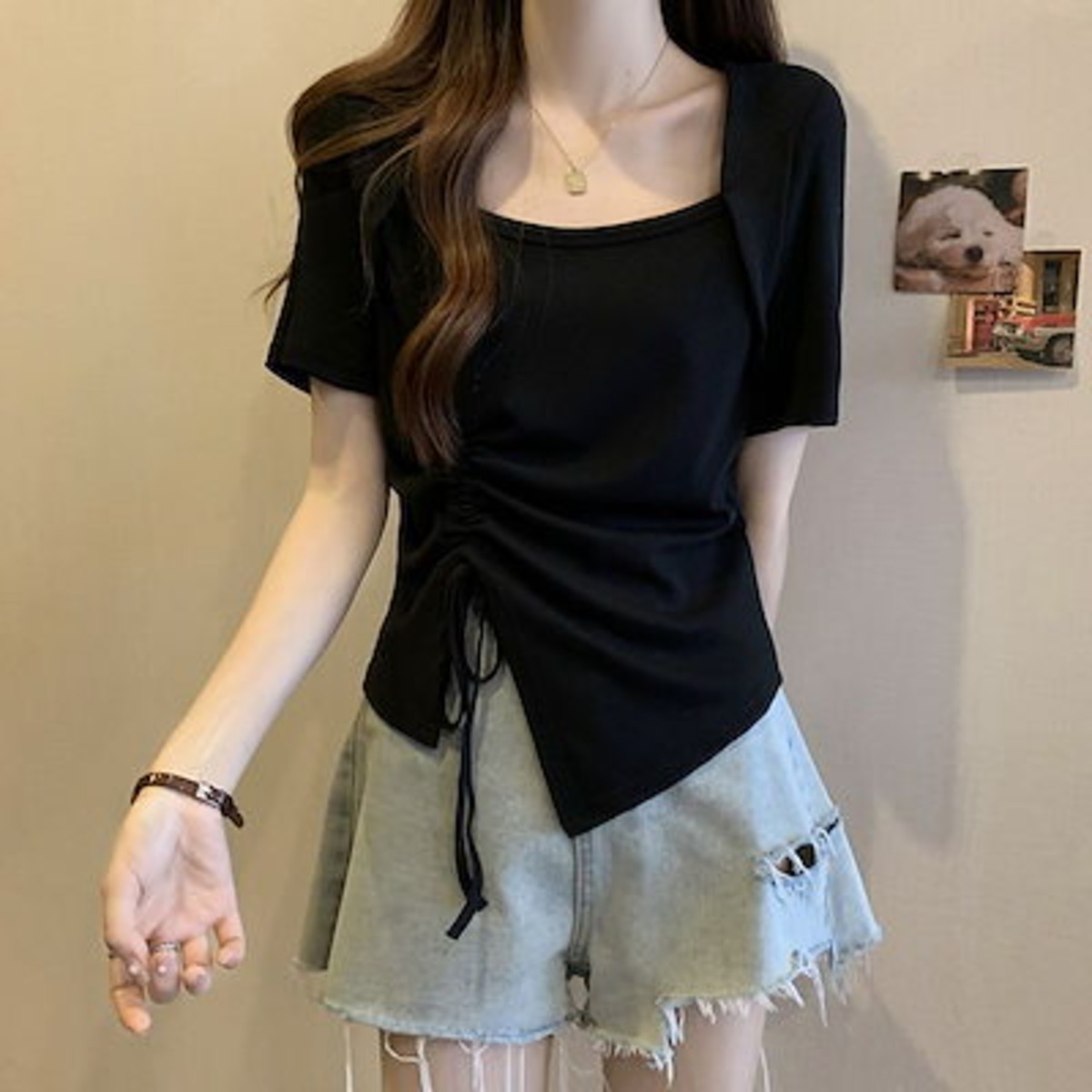 Tシャツ トップス 不規則 なデザインの襟 半袖 夏服 新しいサイズ 引き綱 レディース 韓国 | takotakoo-stores