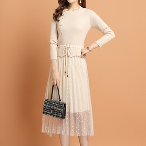 【送料無料】 ワンピース 膝丈ワンピース ひざ丈 膝下 ミモレ丈 ドッキングワンピース ドッキング ワンピ 異素材 ニット リブニット 長袖 ボタン 前ボタン チュールスカート チュール フレア ドット柄 水玉 プリーツ ハイウエスト 体型カバー 着痩せ 細見え 大きいサイズ S-2XL 大人 上品 きれいめ おしゃれ デート 女子会 お出かけ 韓国ファッション 人気 春 秋 冬 20代 30代 40代 50代 アイボリー ブラック 黒 グレー