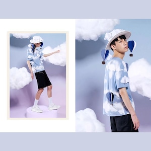立体雲と気球の半袖Tシャツ　【メンズ】　E00229