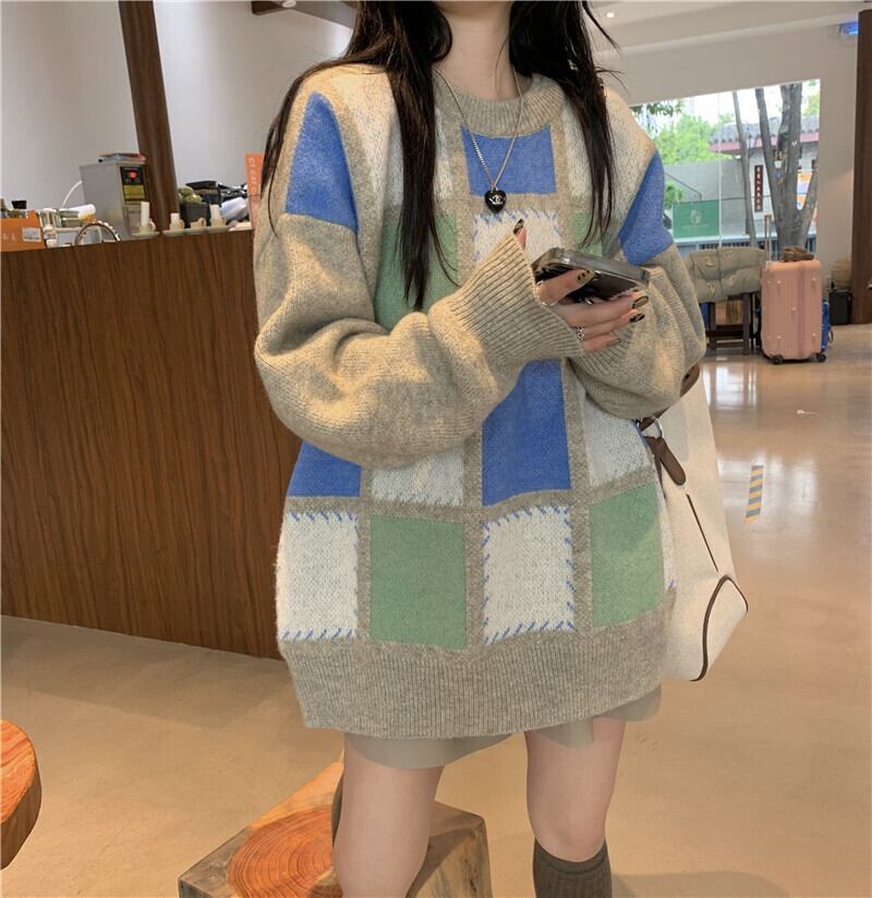 トップス セーター レディース ニット 長袖 ボリューム袖 ラウンドネック ストレート かわいい 大人可愛い シンプル カジュアル おしゃれ レトロ こなれ感 ラフ ラブリー ラブリー ガーリー 個性的 モード系 ルーズ 送料無料 フリーサイズ ワンサイズ ゆったり ゆる 大きめ オーバーサイズ グレー 柄 格子柄 秋 冬 10代 20代 30代 レディース 女性用 ママ 通勤 学生 通学 デート 着回し 普段使い 韓国系 ファッション コーデ スタイル 楽ちん あったか モテ 体型カバー トレンド