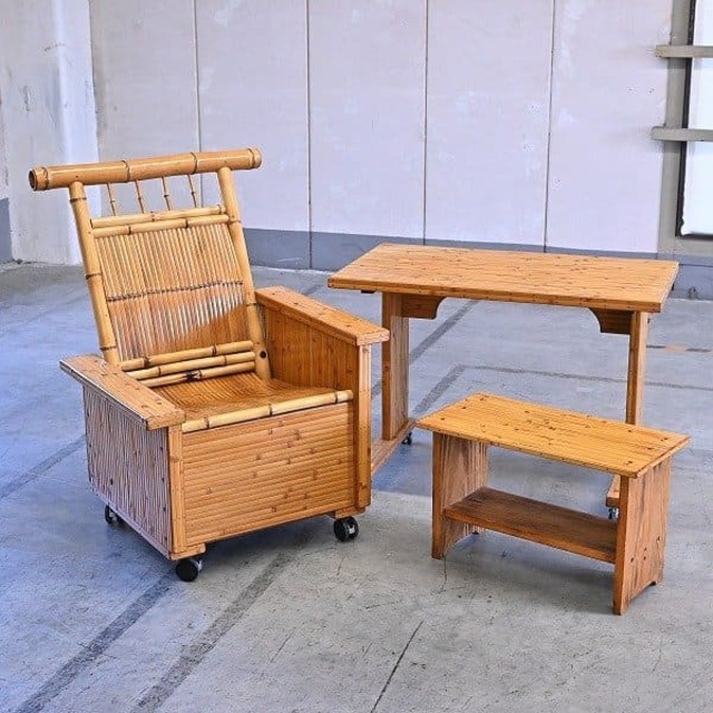 竹製家具 梅里竹芸 デスクセット 真竹 バンブー パーソナルチェア ディスプレイ 学習机 収納家具 椅子 机 書斎 宮崎県 米良山 ラタン家具【中古家具/中古インテリア/USED家具ユーズド家具/リサイクル】