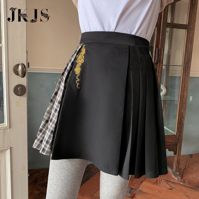 Jkjsシリーズ チャイナ風スカート ミニスカート チェック柄 切り替え Aライン ブラック 黒 S M L Ll ハイウエスト Elegant