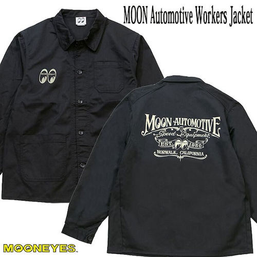 MOON Automotive Workers Jacket Black ムーン オートモーティブ ワーカーズ ジャケット ブラック 長袖 レタリング ピンストライプ ワイルドマン石井 HOTROD バイク FORD MOONEYES ムーンアイズ