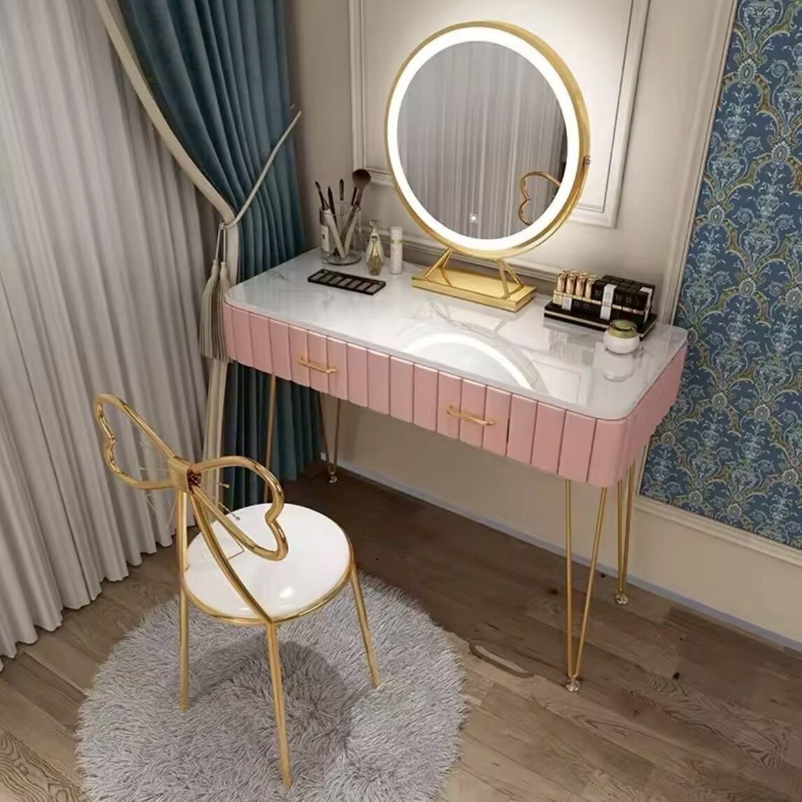 100cm幅 ピンクの大理石調ドレッサー|可愛さと高級感の両立