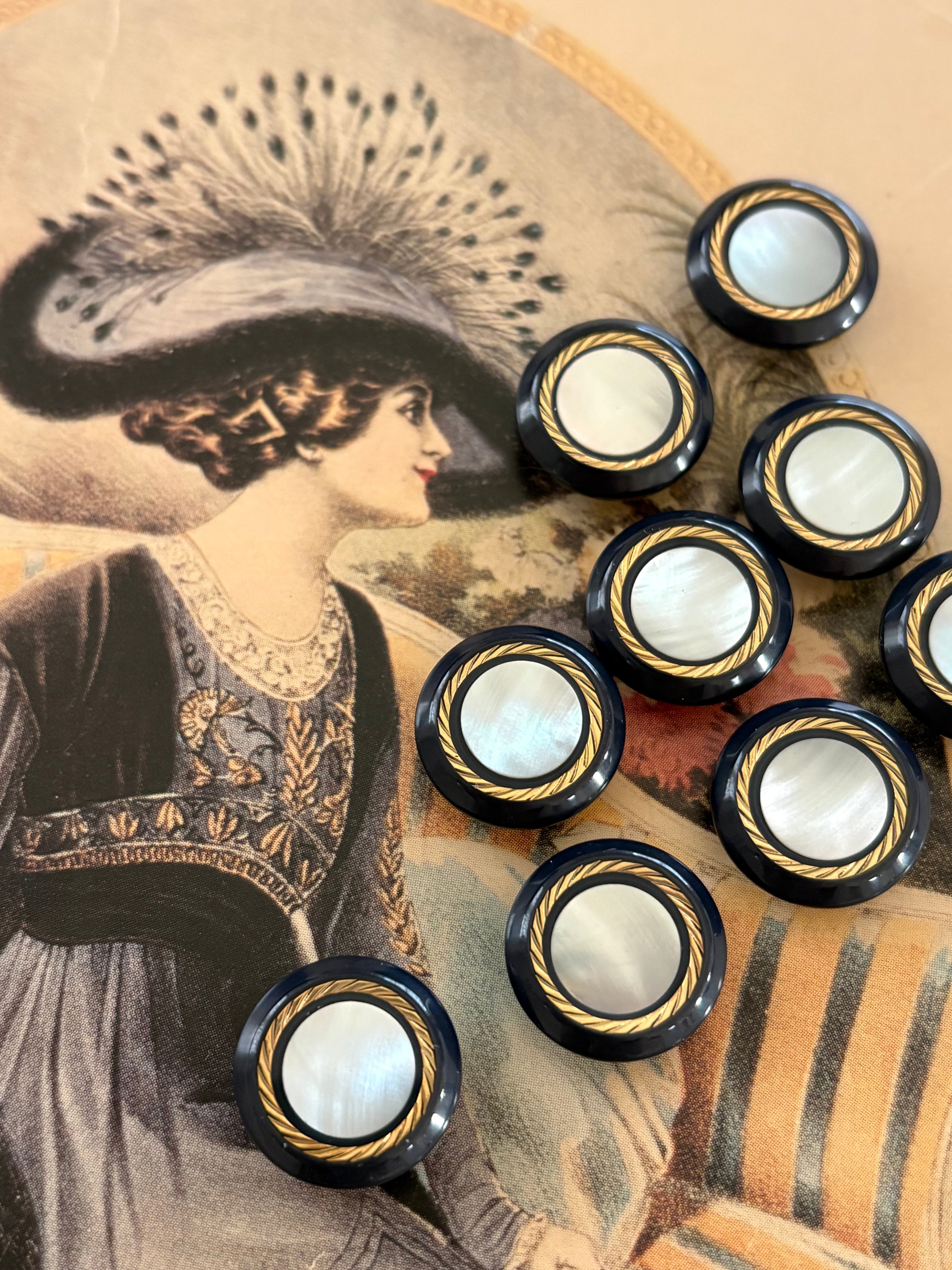 Japanese Vintageボタン レトロボタン カボション 14mm シェル ブラック×ゴールド アクセサリーパーツ デコレーション材