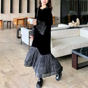 ヘム ロングワンピース シフォンヘム マーメイド ワンピ 長袖 ゆったり 大きいサイズ 大きめサイズ ぽっちゃり 着回し ブラック 韓国 春 秋 冬 シンプル 大人 レディース S M　L　XL　2XL 20代 30代 40代 きれいめ パーティー 二次会 新作 人気
