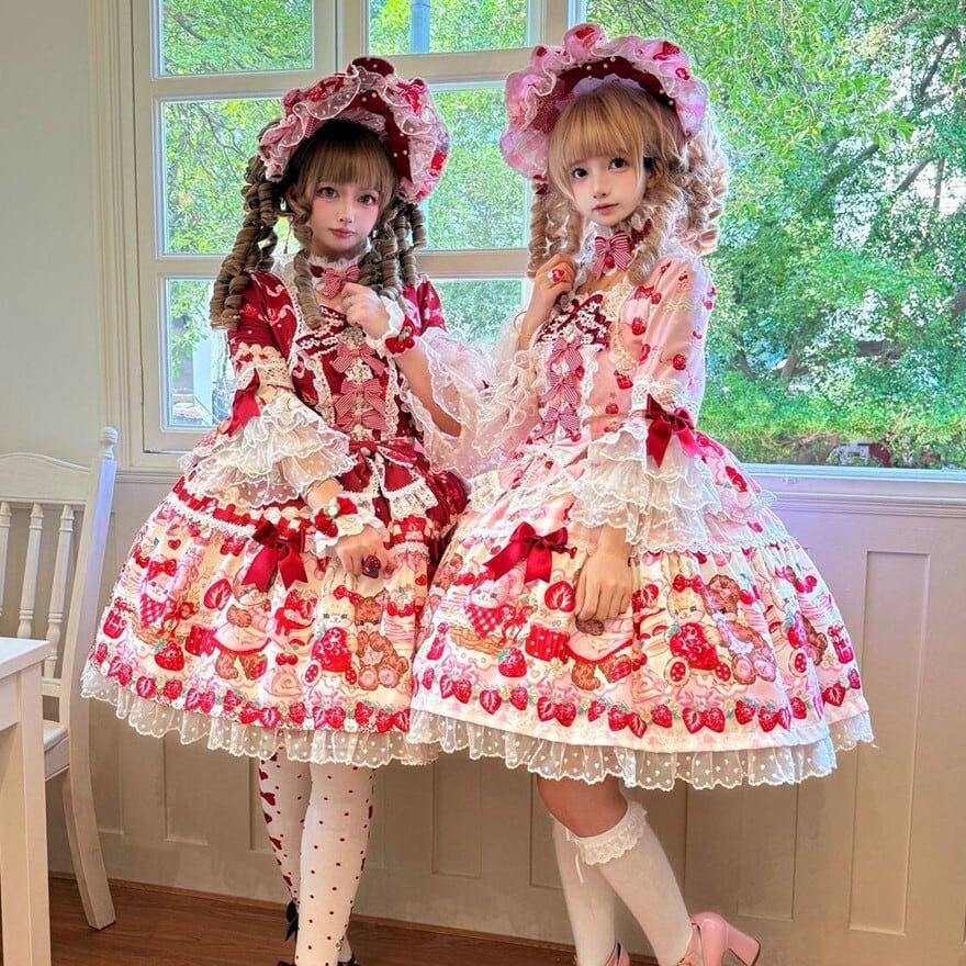ロリータ 甘ロリ ワンピース ストロベリー 苺 いちご セット クラシカル 苺とテディベアの甘い午後 レースとバックリボンの甘ロリワンピース