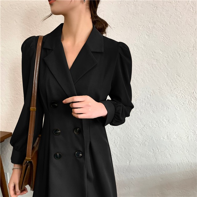 韓国ファッション 春 新品 スリム ダブルボタン パフスリーブ スーツの襟 ワンピース