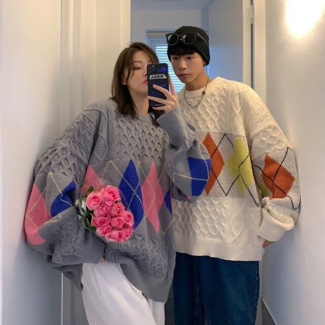 【予約販売】ニット ユニセックス セーター ペア お揃い カップル ケーブルニット デザイン ホワイト グレー オーバーサイズ メンズ レディース シンプル こなれ感 ストリート お洒落 韓国 トレンド 秋冬 S/M/L/XL/2XL
