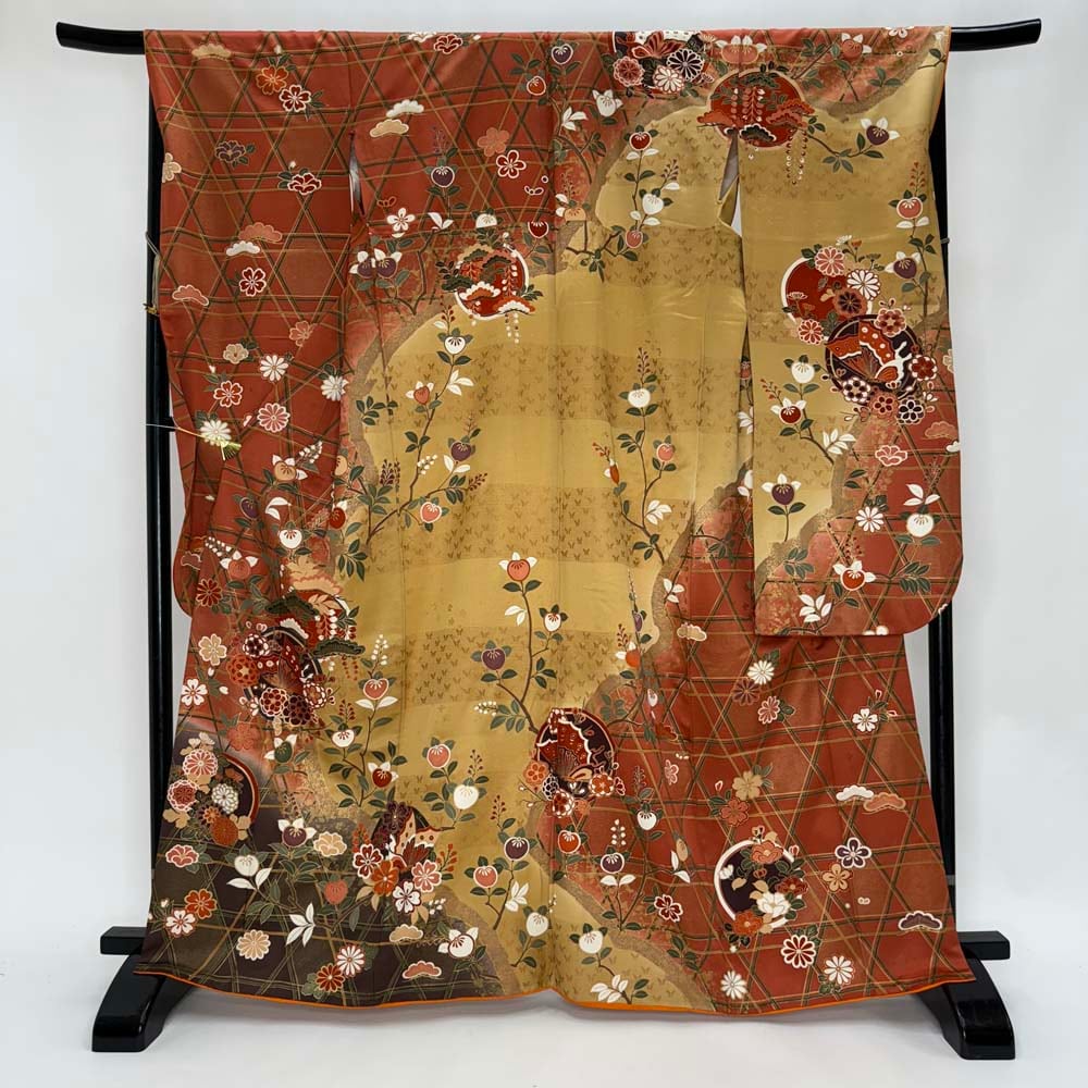 単衣 塩沢紬 縦縞模様 樹皮色 ガード加工 K-2367 【公式通販】