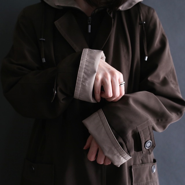 bi-color switching zip-up and button high-neck jacket coat with liner and hooded