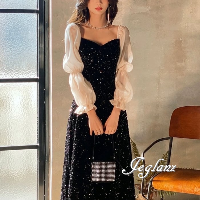 パーティ イブニングドレス 配色 ボリューム袖 キラキラ 光沢感( M5555)ζ