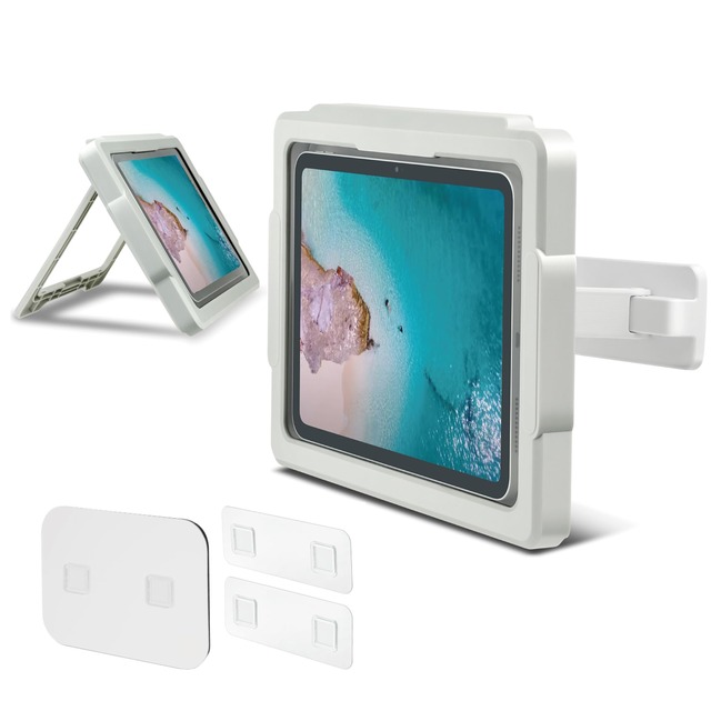 【Poco’ce掲載】 タブレット 防水ケース iPad お風呂 強力マグネット 360度回転 角度調節 前後 左右 スマホ兼用 11インチ 10インチ 9インチ 壁掛け スタンド 防霧 (ホワイトグレー)