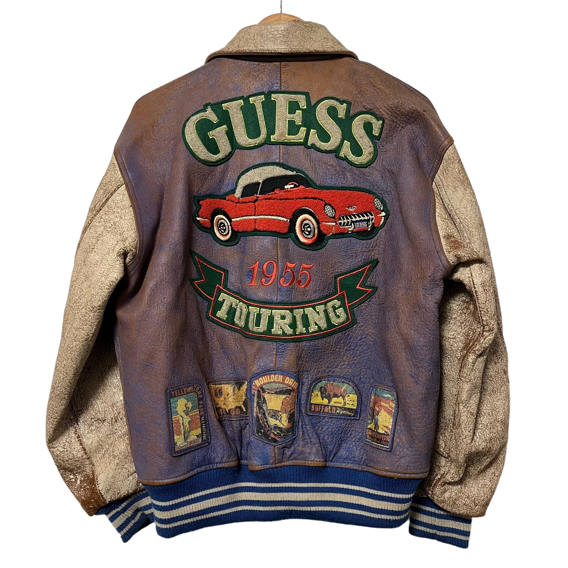 ブラウン80s GUESS/本革/ヴィンテージ加工/スタジャン/レザージャケット