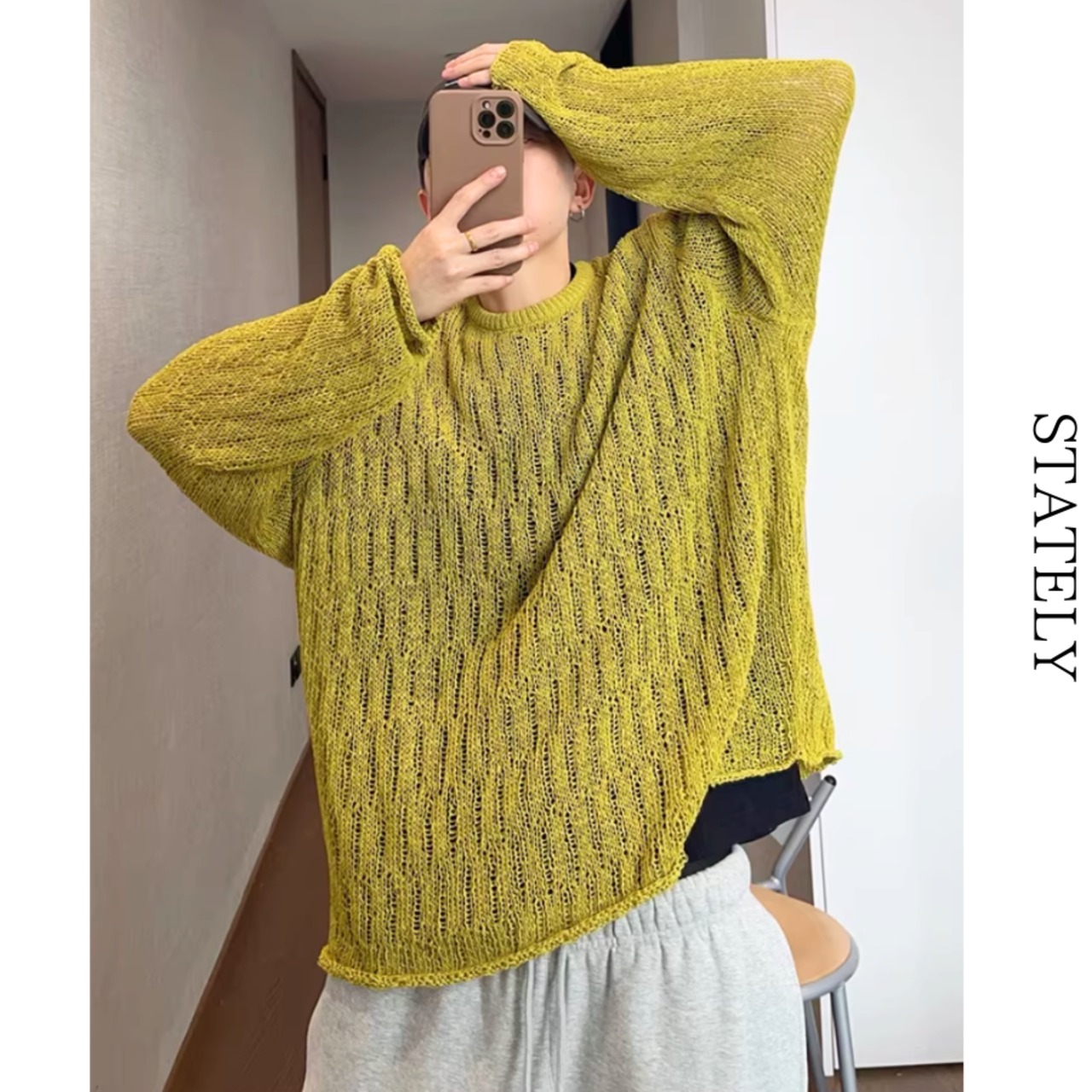 Mustard Sheer Knit トップス_T234・画像5