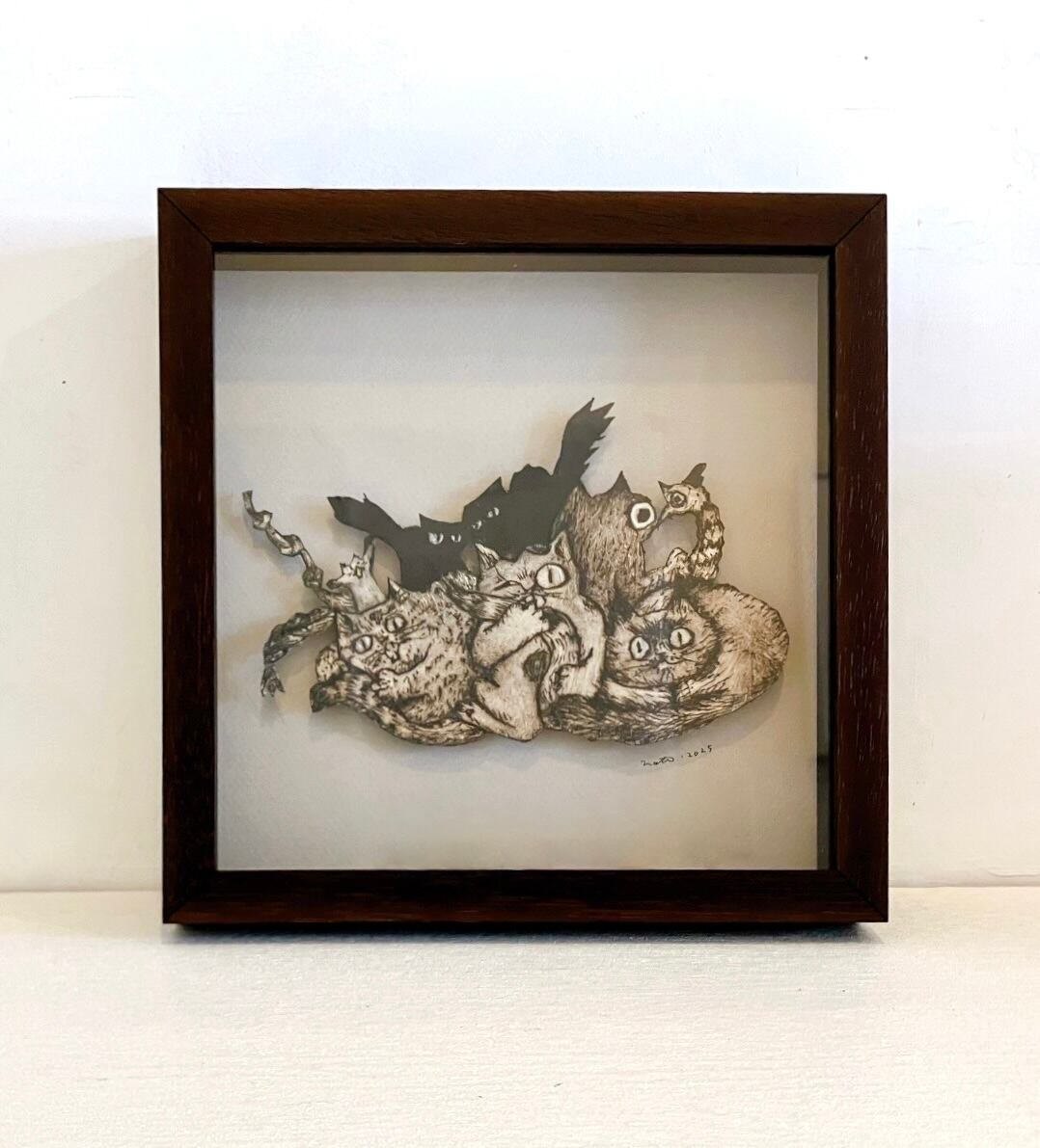 内野隆文　ザ☆キャッツ　絵画　ドローイング　猫　ネコ　ミニ額　額縁　アート作品 内野隆文「ザ☆キャッツ」 | アトリエウチノ｜atelier uchino 内野隆文