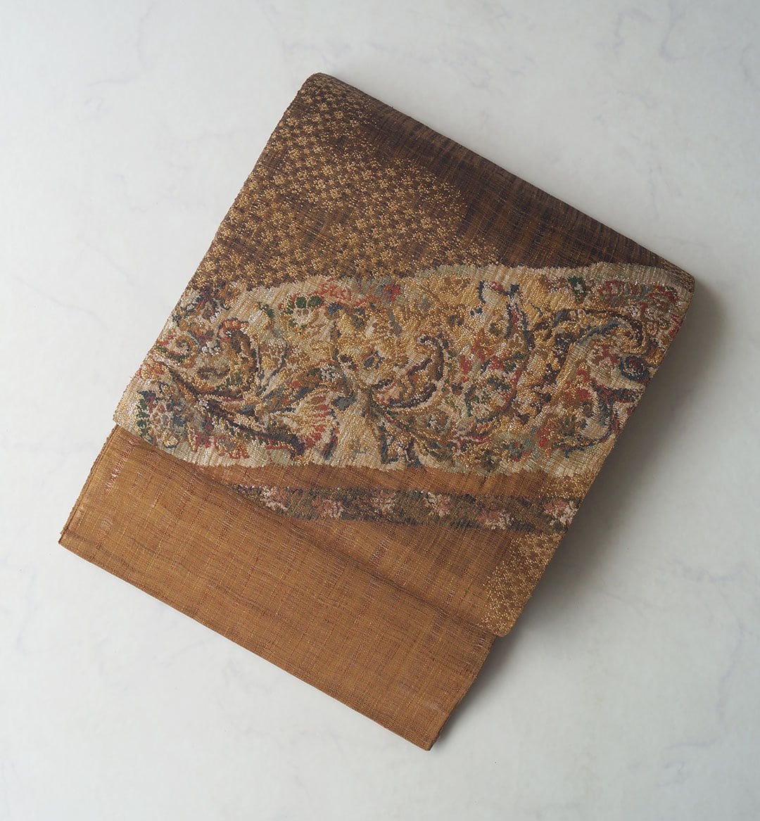 【夏・ふくろ帯】 渡文製 渋紙色 抽象花文 すくいふくろ帯