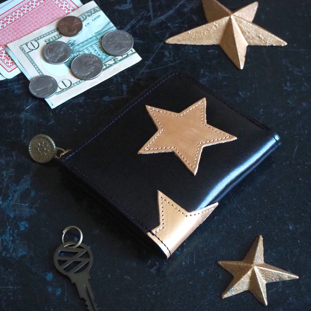 L-shaped zipper wallet (star patchwork) genuine leather compact