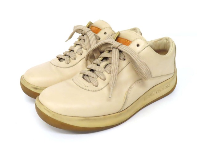 【美品】 LOUIS VUITTON ルイヴィトン レザー サイドロゴ レースアップ ローカット スニーカー シューズ 靴 size36 ベージュ イタリア製