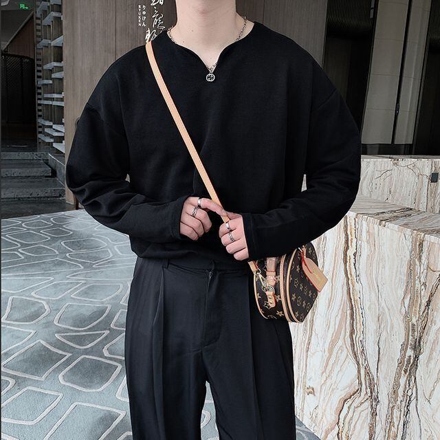 【予約販売】ロンTトップス 長袖 Vネック メンズ 無地 ホワイト ブラック こなれ感 お洒落 韓国 トレンド 秋冬 M/L/XL/2XL/3XL