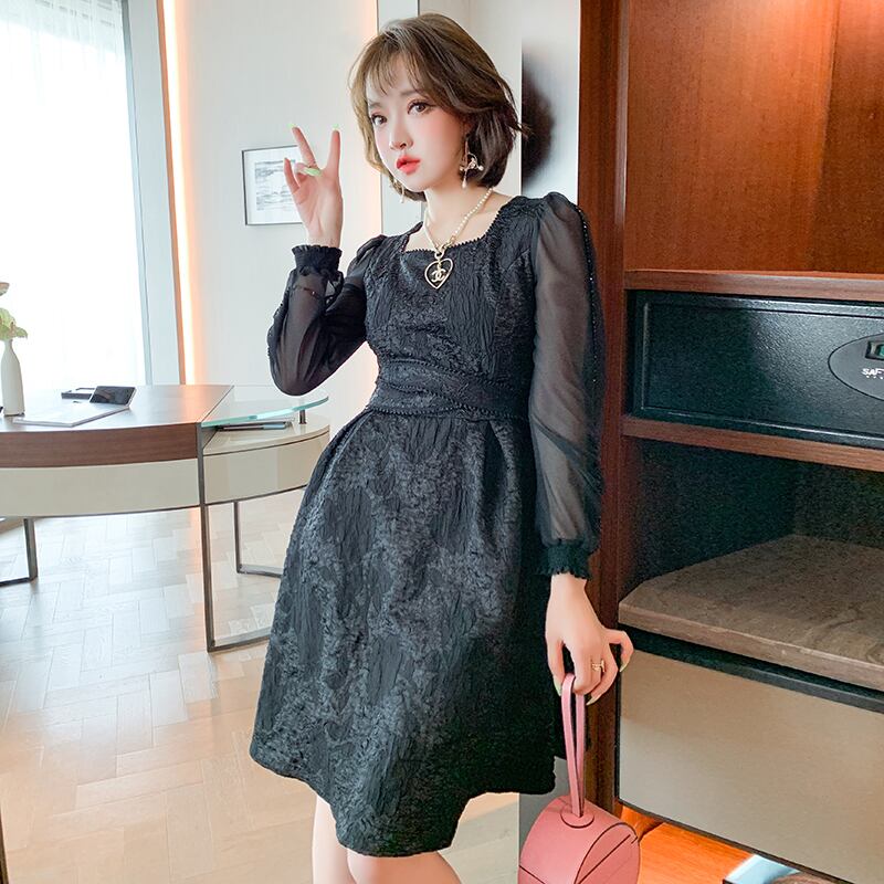 スタンダードプリーツジャカードスリーブカラードレス オータム レトロ 秋物 スクウェア MIUCO14905343241