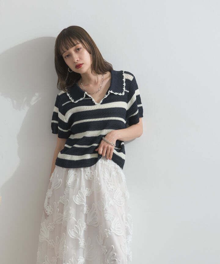 2603006 メッシュボーダーポロニット navy | エルキカク