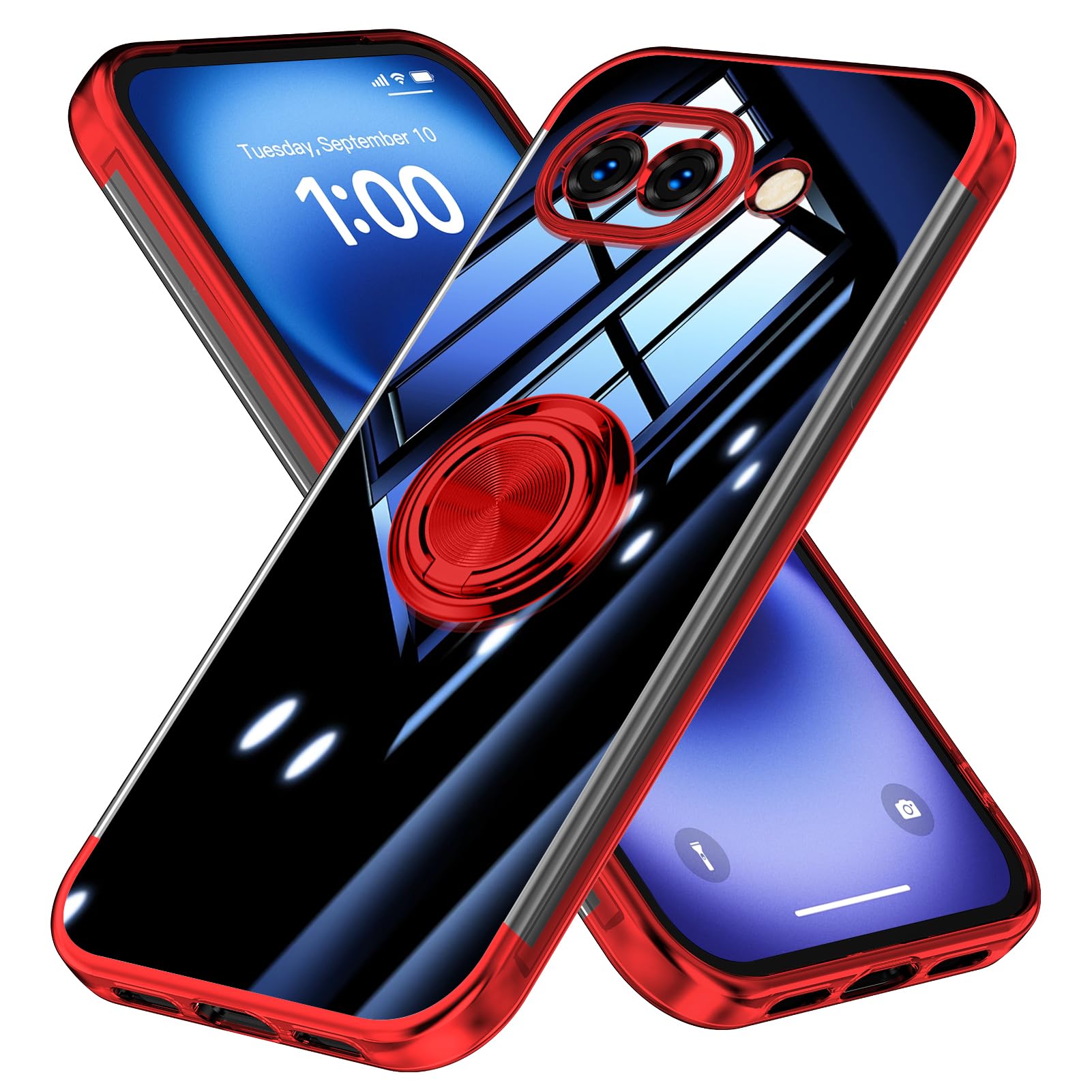 Mnunjiajia 対応 Google Pixel 10A 用ケース リング クリア TPU メッキ加工 車載ホルダー レッド