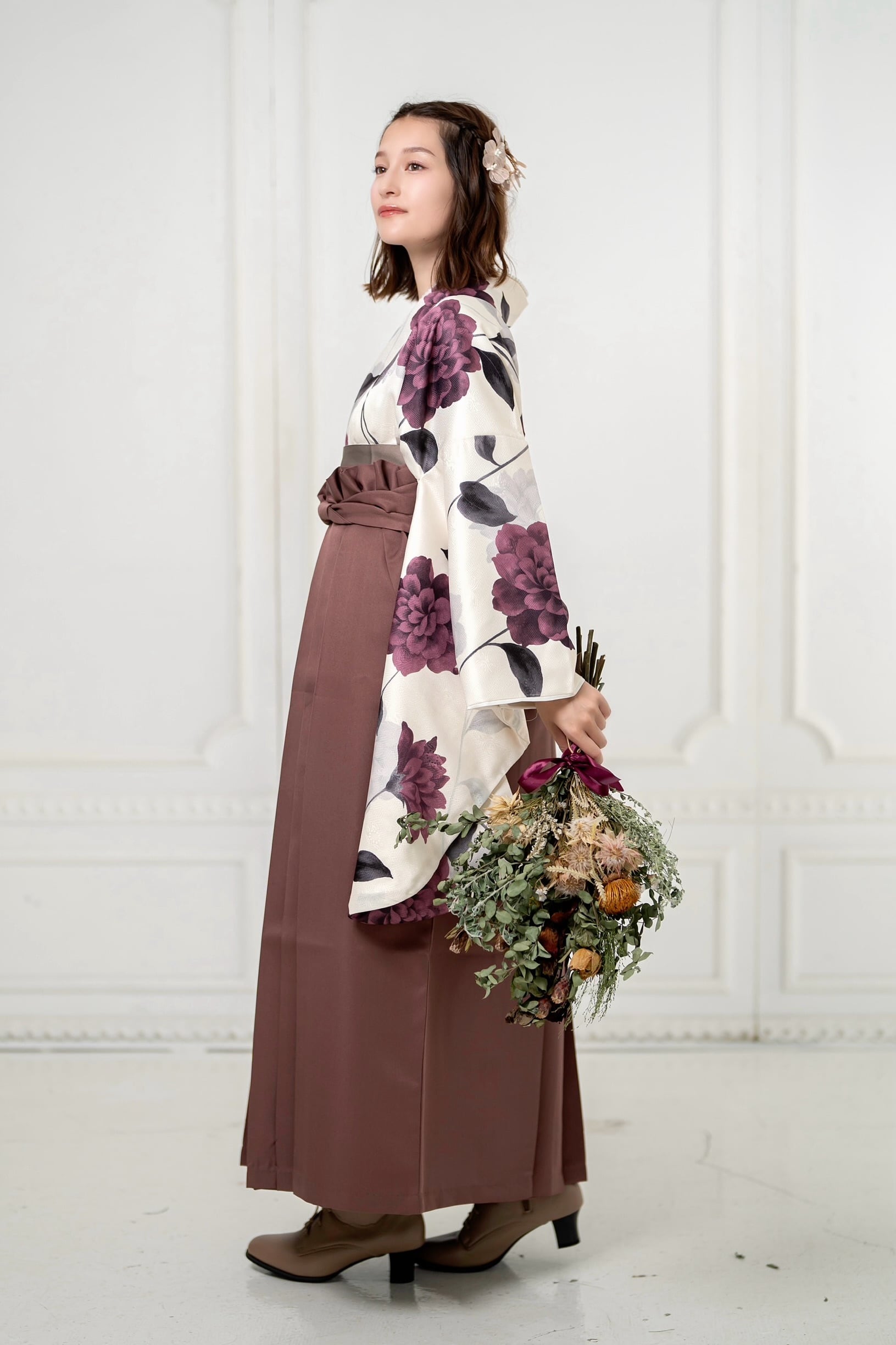 Kimono Sienne 卒業式袴3点セット ダリア 二尺袖着物 袴 ベージュ系