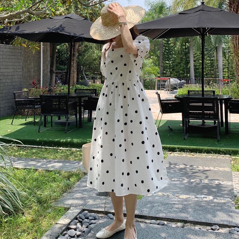 ホワイト水玉スリーブドレス サマーロングスカート 夏物 試着室64243013128