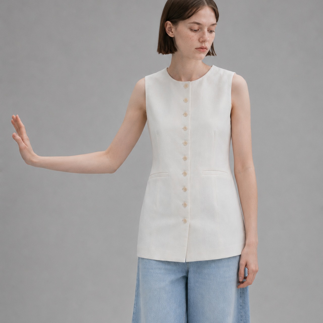 Button Front Flap Pocket Hip-length Vest｟2color｠  T4611