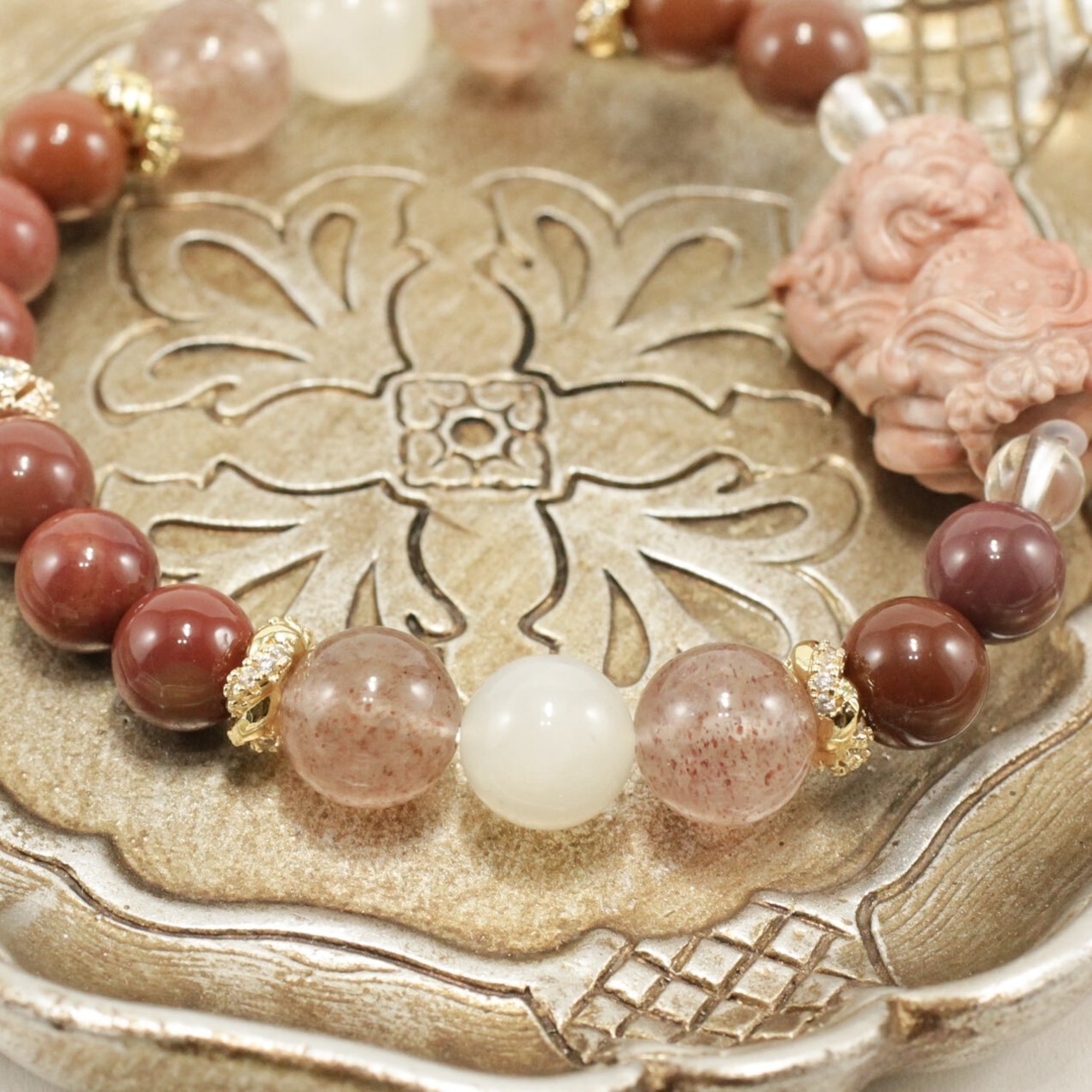 【送料無料】アラシャン瑪瑙 人魚彫刻 - ムーンストーン ストロベリークォーツ クリスタル 天然石 ブレスレット