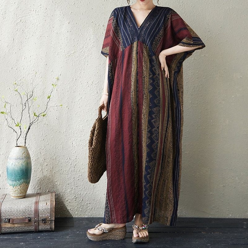 PRINT V-NECK SHORT SLEEVE RELAXED MIDI DRESS M-17390