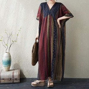 PRINT V-NECK SHORT SLEEVE RELAXED MIDI DRESS M-17390