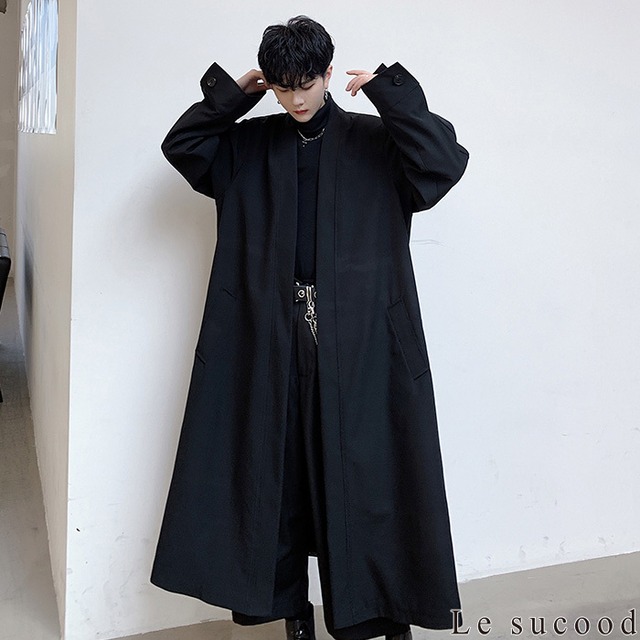Le Sucood お支払い確認後日以内発送 バック柄切替ロングコート ビッグコート ノーカラーコート オーバーコート オーバーサイズ Aラインコート ゆったり ボリューム袖 ドロップショルダー ロング丈 変形 羽織り アウター アジアン エスニック モード 個性的