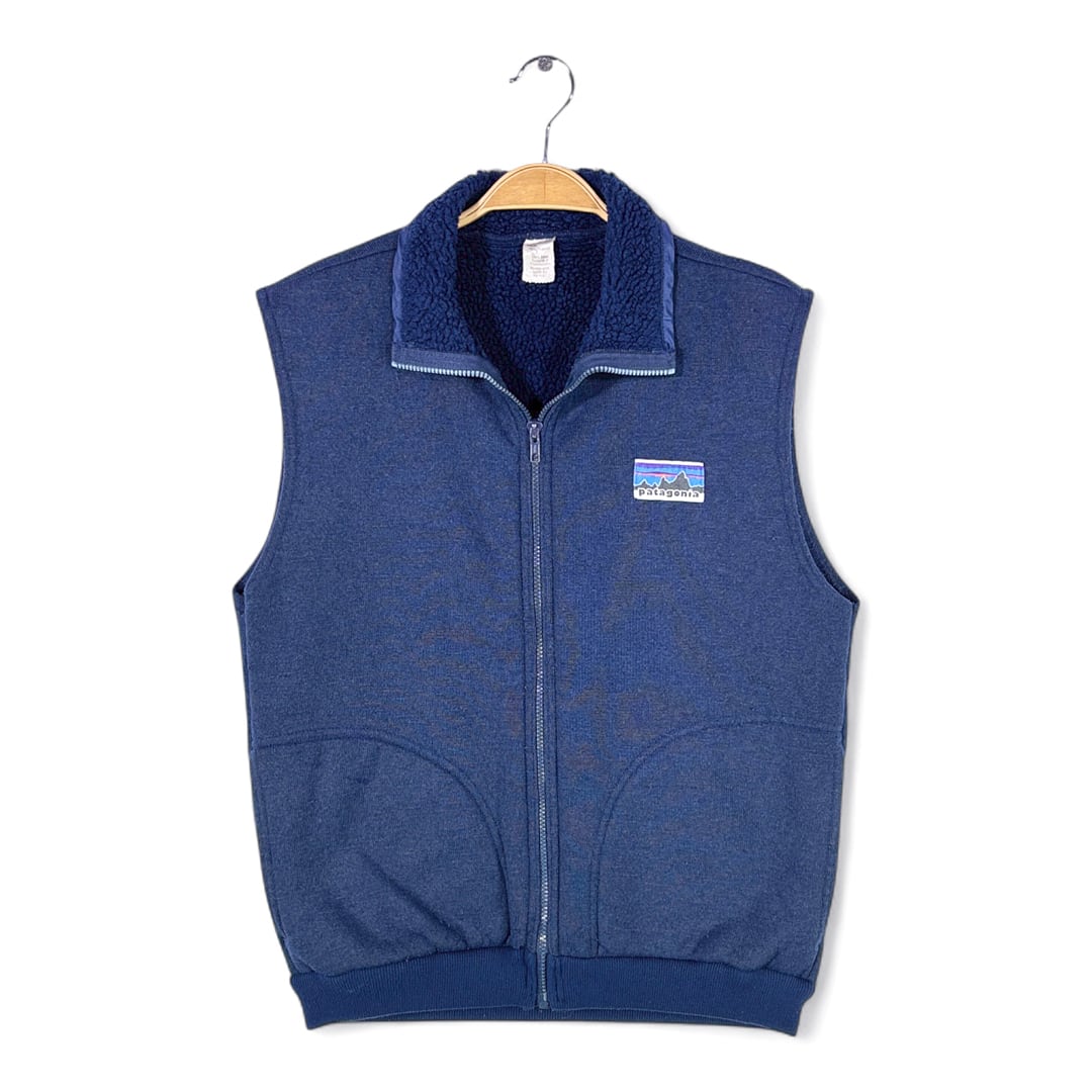 70s パタゴニア 白タグ ヴィンテージベスト 裏パイル フリースベスト ネイビー アウトドア PATAGONIA サイズL相当 古着 @DD0436