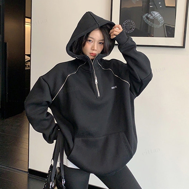 ★予約★D-827　2026新作♡OISISファスナーラインハーフジップフーディー　ブラック