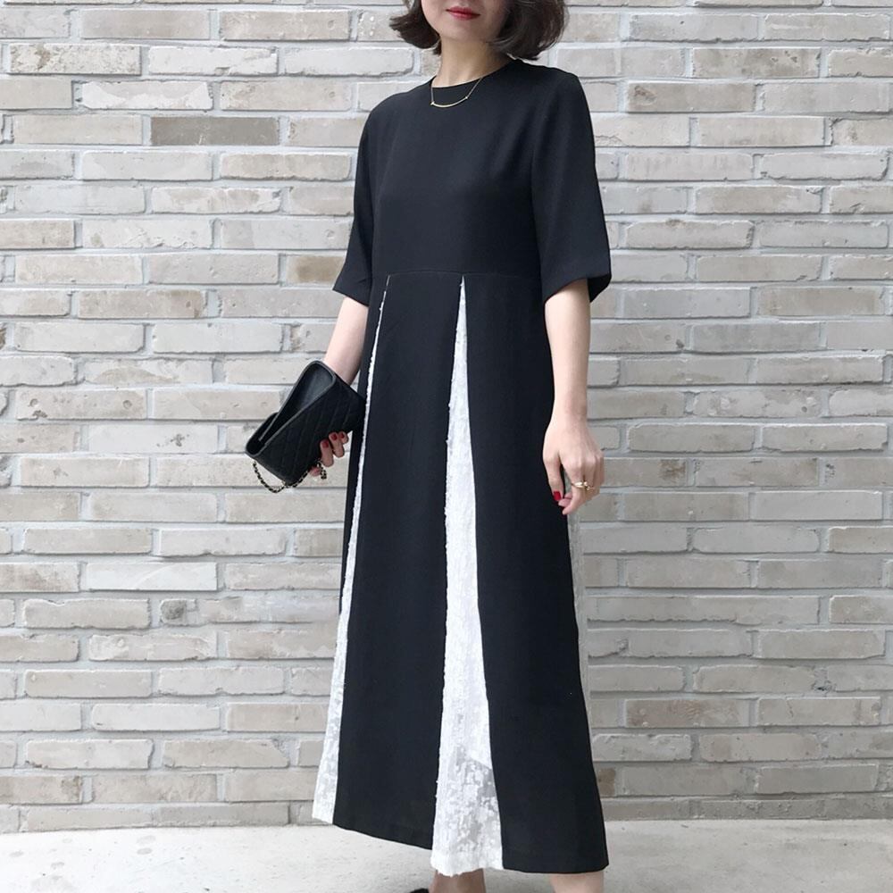 新作 ワンピース ロングワンピ マキシワンピ 異素材 切り替え 着痩せ 半袖 カジュアル