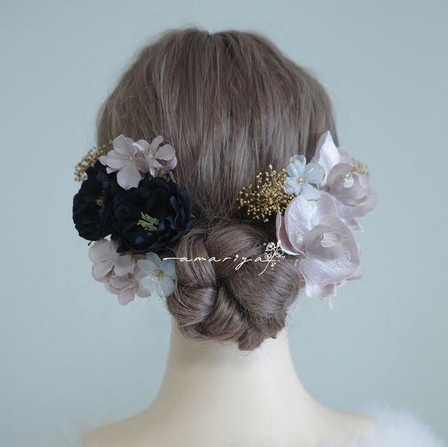 髪飾り　ベルベット胡蝶蘭とブラックローズ