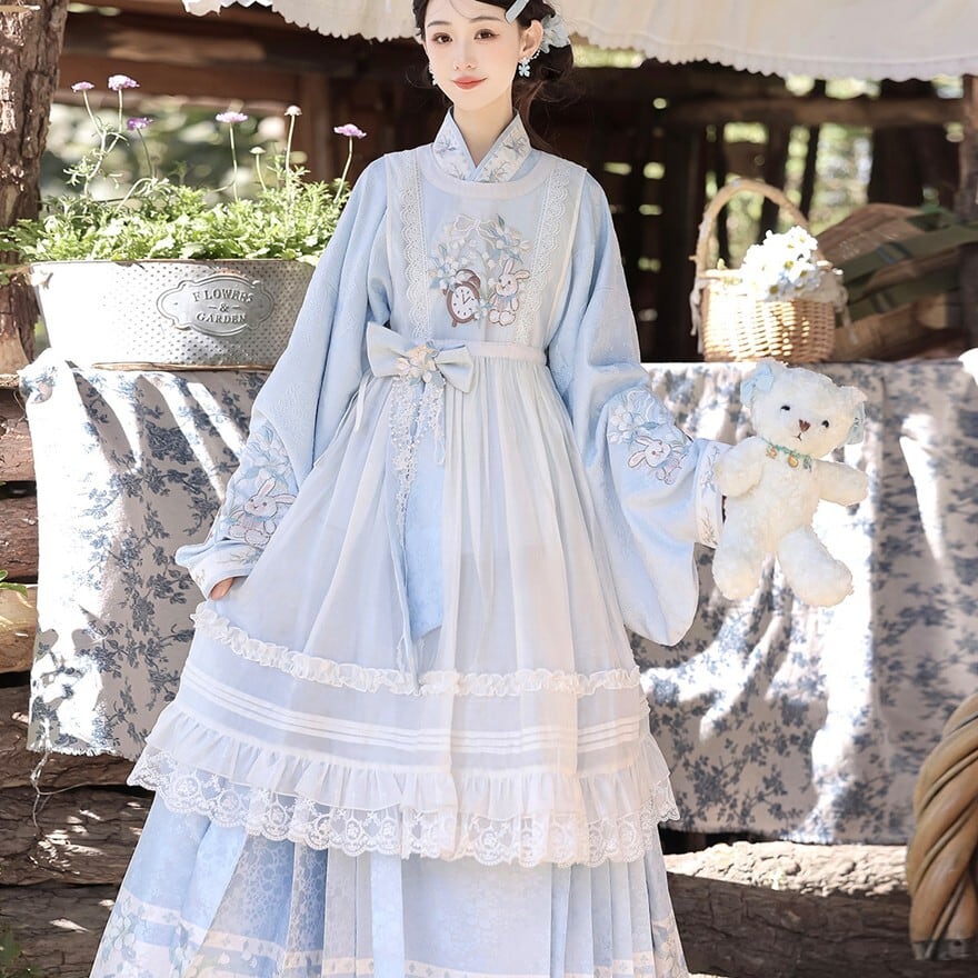 中華ロリータ｜アリス風うさぎ刺繍の3点セット（ブルー）撮影会対応