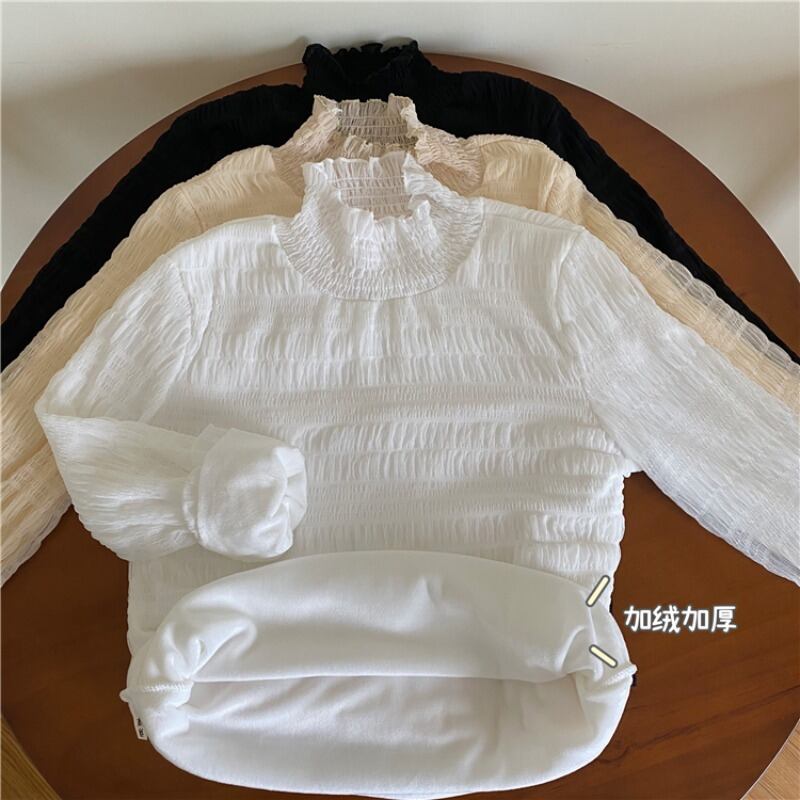 レースシフォンシャツ オータムウィンターベルベットホワイトカラースタイルトップス ロング 秋物 冬物 ブラックストロベリース41532051497