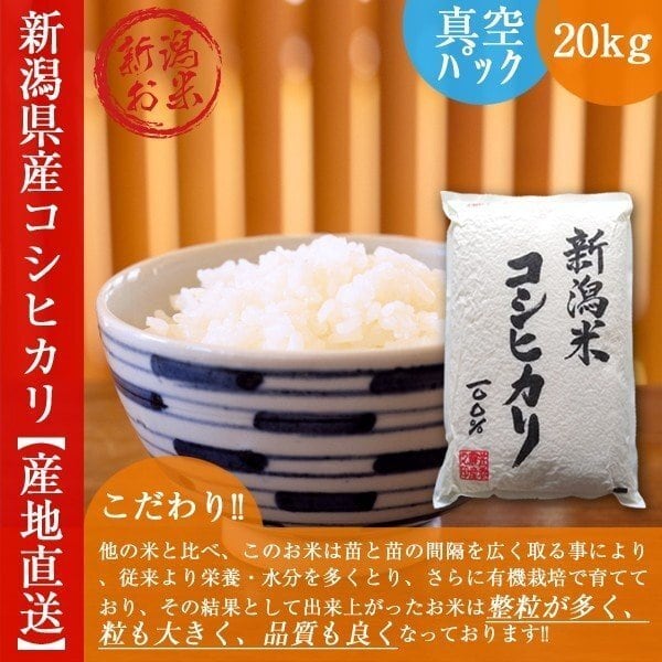 真空パック　新潟　白米　長期保存　コシヒカリ　令和2年産　20kg　新米　(5kgx4袋)　こしひかり　送料無料　新潟のおいしいお米屋さん