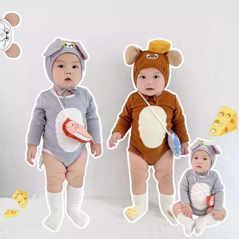 【BABY】韓国風 ネコ、ネズミロンパース