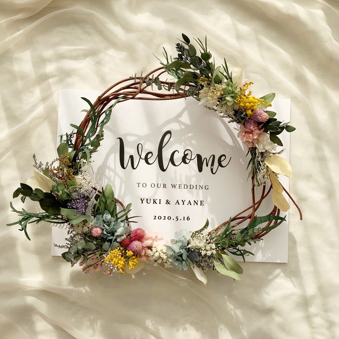 つるリースウェルカムボード【ゴールド】│ドライフラワー