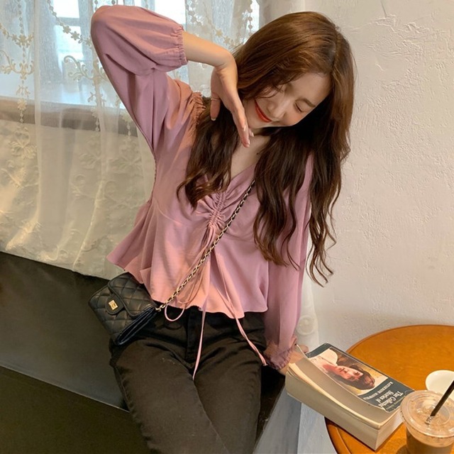 シャツ トップス サマースタンダードギャザールーズ薄手ショート長袖スリーブシフォン ロング レトロ 夏物 YY-ファッション43908480287