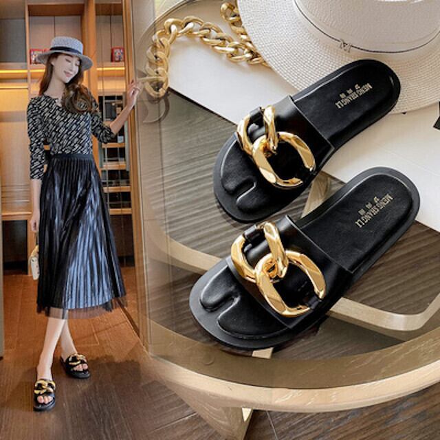 サンダル レディース スリッパ フラットサンダル ローヒール チェーン おしゃれ かっこいい ブラック/アプリコット 22cm/22.5cm/23cm/23.5cm/24cm/24.5cm