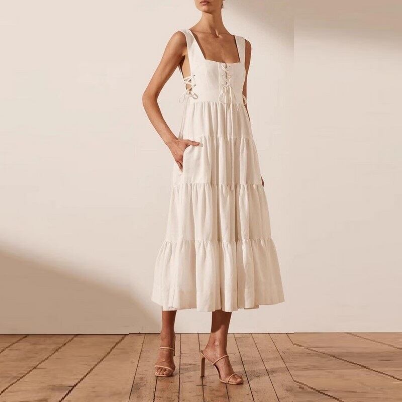 Back desined Tiered Square Cut Long Dress W00368